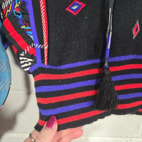 Vtg Abstract Pattern Mix Ruffle Knit Pullover Sweater Blouse Top Multi XL Bright - Picture 3 of 9